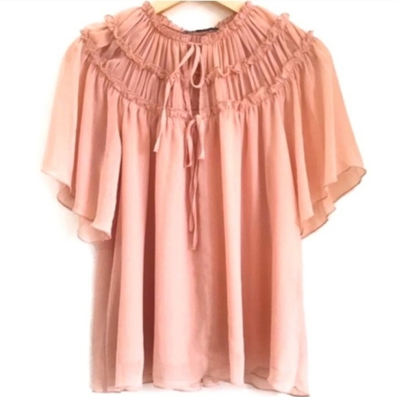 ZARA ruffle blouse large blush short sleeved top Sz Small blushpink - Picture 3 of 14